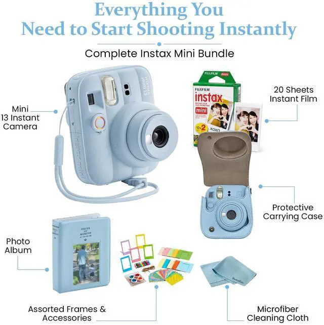 Alt view image 2 of 5 - instax Mini 13 Frost Blue Instant Camera Bundle with 20 Sheets instax Mini Film, Carrying Case, Photo Album, Assorted Photo Frames & BluebirdSales Microfiber Cleaning Cloth (Frost Blue)