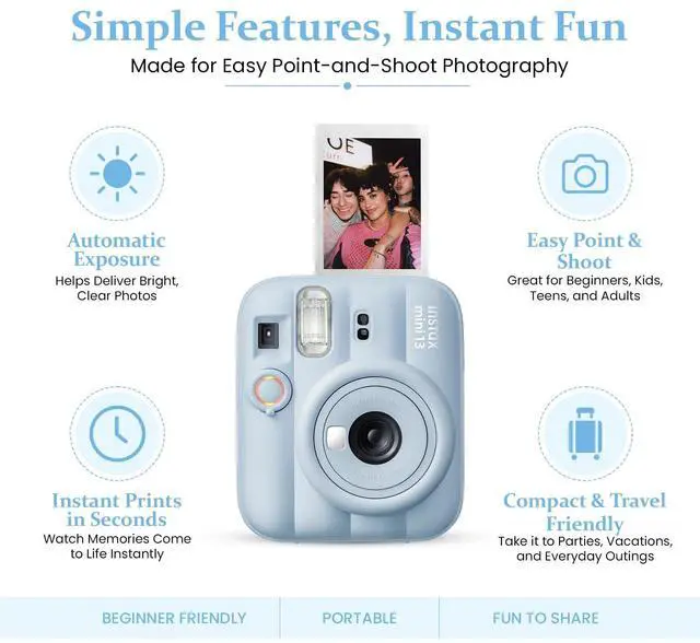 Alt view image 3 of 5 - instax Mini 13 Frost Blue Instant Camera Bundle with 20 Sheets instax Mini Film, Carrying Case, Photo Album, Assorted Photo Frames & BluebirdSales Microfiber Cleaning Cloth (Frost Blue)