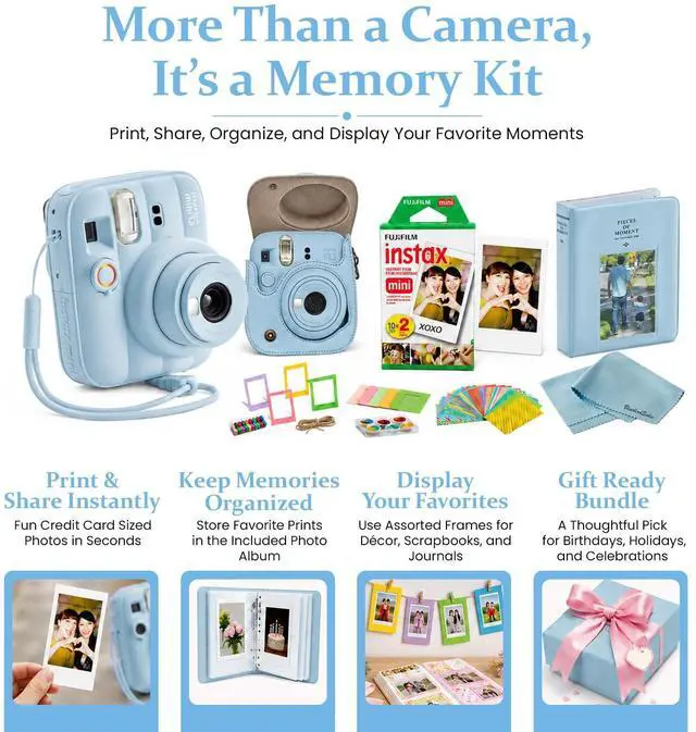 Alt view image 4 of 5 - instax Mini 13 Frost Blue Instant Camera Bundle with 20 Sheets instax Mini Film, Carrying Case, Photo Album, Assorted Photo Frames & BluebirdSales Microfiber Cleaning Cloth (Frost Blue)