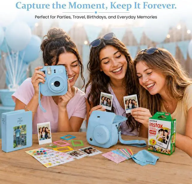 Alt view image 5 of 5 - instax Mini 13 Frost Blue Instant Camera Bundle with 20 Sheets instax Mini Film, Carrying Case, Photo Album, Assorted Photo Frames & BluebirdSales Microfiber Cleaning Cloth (Frost Blue)