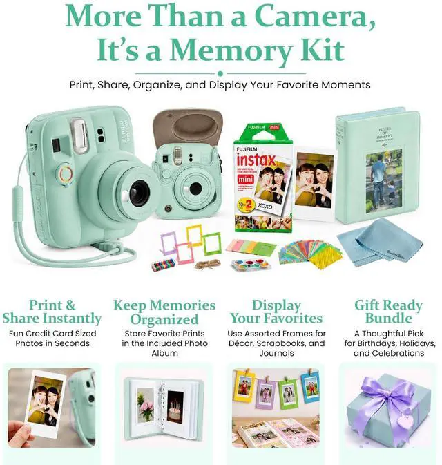 Alt view image 2 of 4 - instax Mini 13 Instant Camera Bundle with 20 Sheets instax Mini Film, Carrying Case, Photo Album, Assorted Photo Frames & BluebirdSales Microfiber Cleaning Cloth (Lagoon Green)