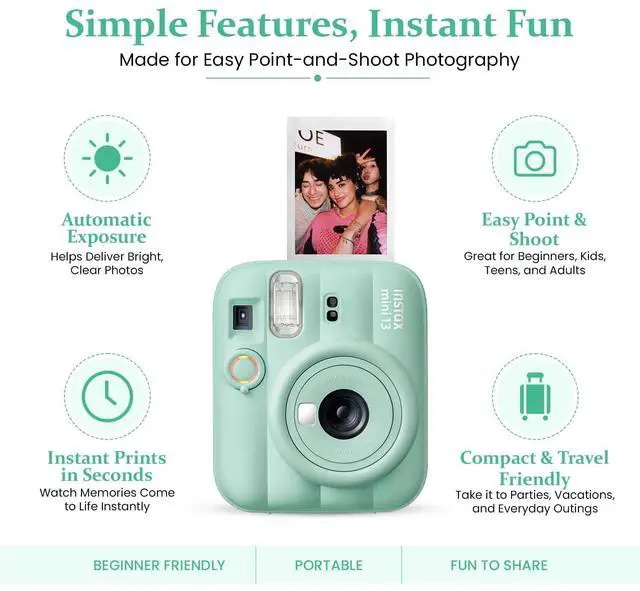 Alt view image 3 of 4 - instax Mini 13 Instant Camera Bundle with 20 Sheets instax Mini Film, Carrying Case, Photo Album, Assorted Photo Frames & BluebirdSales Microfiber Cleaning Cloth (Lagoon Green)