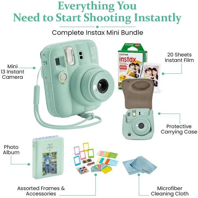 Alt view image 4 of 4 - instax Mini 13 Instant Camera Bundle with 20 Sheets instax Mini Film, Carrying Case, Photo Album, Assorted Photo Frames & BluebirdSales Microfiber Cleaning Cloth (Lagoon Green)