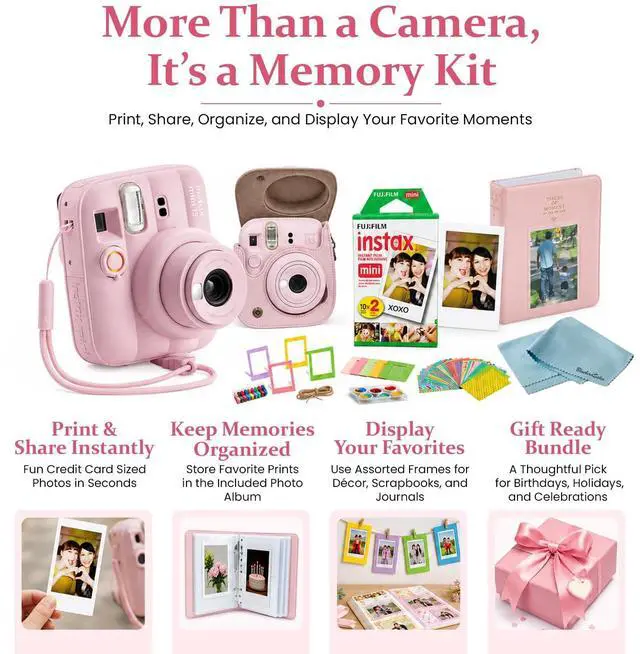 Alt view image 2 of 5 - instax Mini 13 Candy Pink Instant Camera Bundle with 20 Sheets instax Mini Film, Carrying Case, Photo Album, Assorted Photo Frames & BluebirdSales Microfiber Cleaning Cloth (Candy Pink)