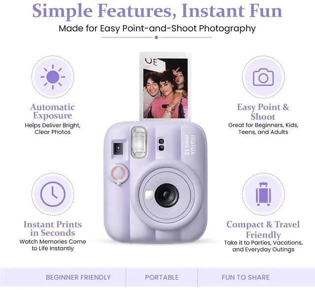 Alt view image 3 of 5 - instax Mini 13 Dreamy Purple Instant Camera Bundle with 20 Sheets instax Mini Film, Carrying Case, Photo Album, Assorted Photo Frames & BluebirdSales Microfiber Cleaning Cloth (Dreamy Purple)