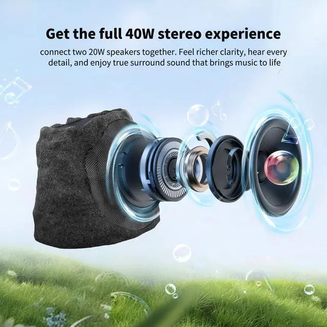 Alt view image 3 of 6 - Solar Rock & Stone Speakers (2-Pack) Auto-TWS Stereo 40W, Bluetooth 5.4, USB-C & Solar Powered, IP44 Waterproof for Patio Garden Backyard Deck (Up to 38H LED Ambiance)(Black)