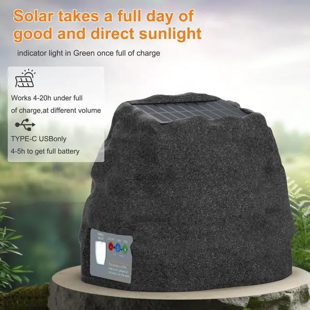 Alt view image 5 of 6 - Solar Rock & Stone Speakers (2-Pack) Auto-TWS Stereo 40W, Bluetooth 5.4, USB-C & Solar Powered, IP44 Waterproof for Patio Garden Backyard Deck (Up to 38H LED Ambiance)(Black)