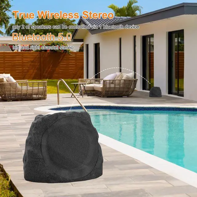 Alt view image 6 of 6 - Solar Rock & Stone Speakers (2-Pack) Auto-TWS Stereo 40W, Bluetooth 5.4, USB-C & Solar Powered, IP44 Waterproof for Patio Garden Backyard Deck (Up to 38H LED Ambiance)(Black)