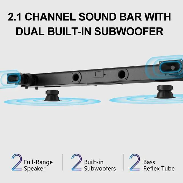 Alt view image 3 of 6 - 36 Inch 2.1 Sound Bar for TV with Dual Built-in Subwoofers | 140W all-in-one soundbar with dual built-in subwoofers, 4 EQ modes, HDMI ARC, Optical, AUX, USB & Bluetooth 5.0