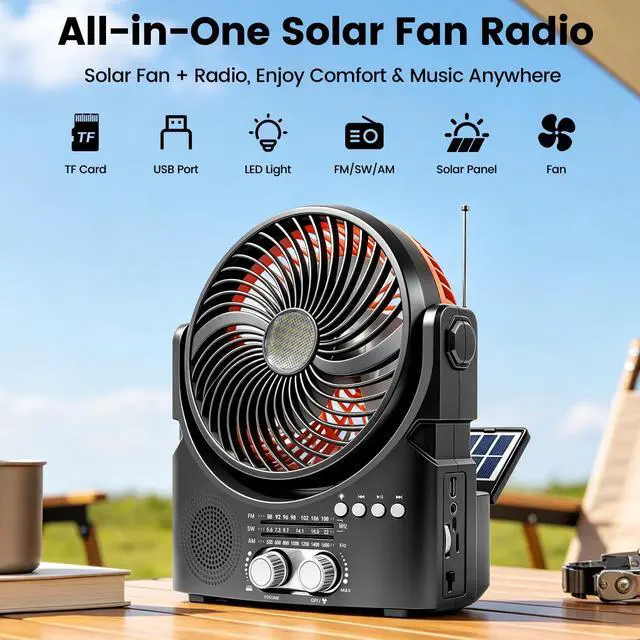 Alt view image 2 of 6 - Portable Solar Fan Radio,AM/FM/SW Radio,USB/TF,3-Level Dimmable LED Light, Bluetooth Speaker for Outdoor/Home