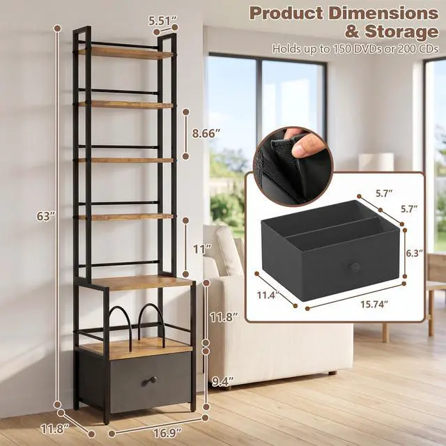 Alt view image 2 of 6 - 6-Tier Wooden CD & Stereo Stand, Compact Audio Rack Cabinet | Game console shelf,Ideal for DVD players/Xbox,Space-saving tower design,6-tier storage for CDs/audio