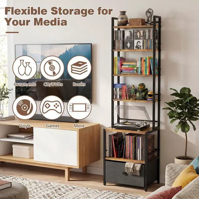 Alt view image 4 of 6 - 6-Tier Wooden CD & Stereo Stand, Compact Audio Rack Cabinet | Game console shelf,Ideal for DVD players/Xbox,Space-saving tower design,6-tier storage for CDs/audio