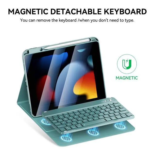Alt view image 5 of 6 - for iPad 7th/8th/9th Generation Case with Wireless Magnetic Keyboard | Compatible with 9/8/7th Gen 10.2in Detachable Case Three Adjustable Angles with Pen Slot and Honeycomb Heat Dissipation,Green
