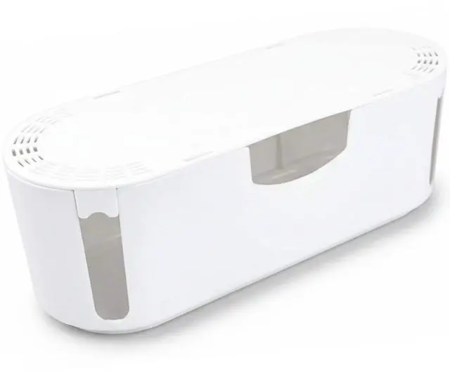 Main image of Cable Management Box, Power Strip Holder, Floor Outlet Hider, Desk Cord Organizer, Cover TV Wires, 12.75" (L) x 5" (W) x 4.5" (H), for use with Power Strips up to 10.5in Length - Small, White