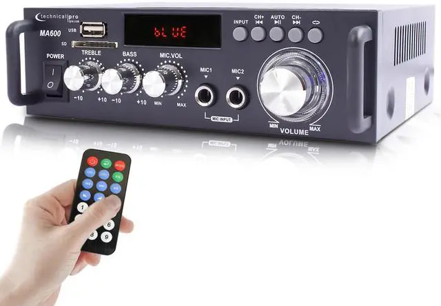 Main image of 2-Channel 600 Watt Bluetooth Home Stereo Amplifier | AC/DC Power, 2 Mic Inputs, Wireless Remote, Bass & Treble Controls