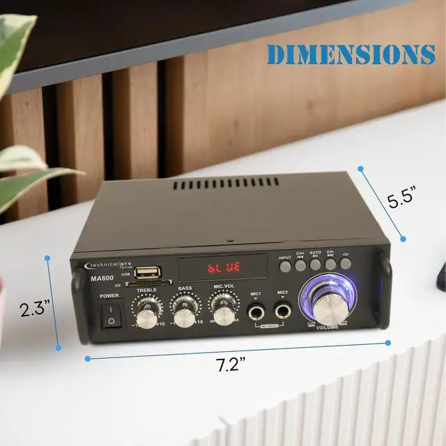 Alt view image 2 of 6 - 2-Channel 600 Watt Bluetooth Home Stereo Amplifier | AC/DC Power, 2 Mic Inputs, Wireless Remote, Bass & Treble Controls