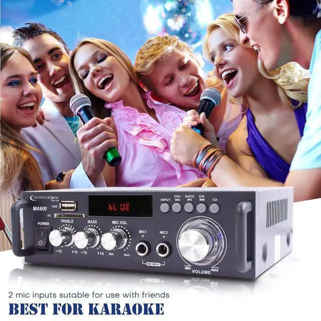 Alt view image 5 of 6 - 2-Channel 600 Watt Bluetooth Home Stereo Amplifier | AC/DC Power, 2 Mic Inputs, Wireless Remote, Bass & Treble Controls