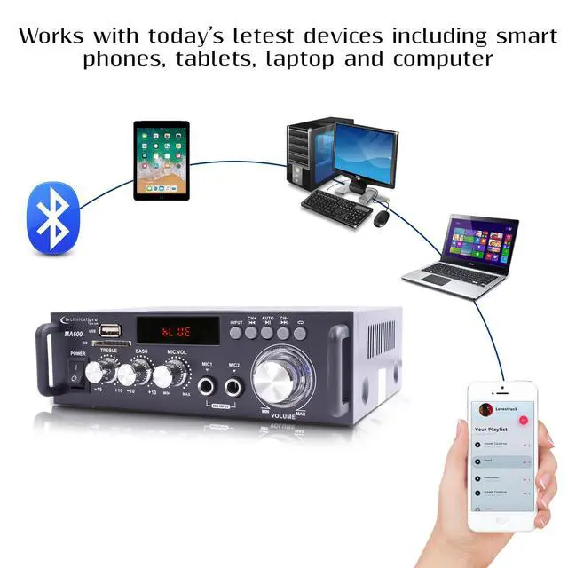 Alt view image 6 of 6 - 2-Channel 600 Watt Bluetooth Home Stereo Amplifier | AC/DC Power, 2 Mic Inputs, Wireless Remote, Bass & Treble Controls