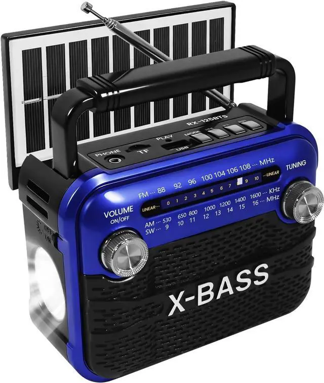 Main image of X bass Stereo Sound Radios Portable AM FM SW Solar Radio,Shortwave Bluetooth Radio with Emergency Flashlight, Support USB TF Player, D Battery or USB Charged for Home Outdoor Emergency