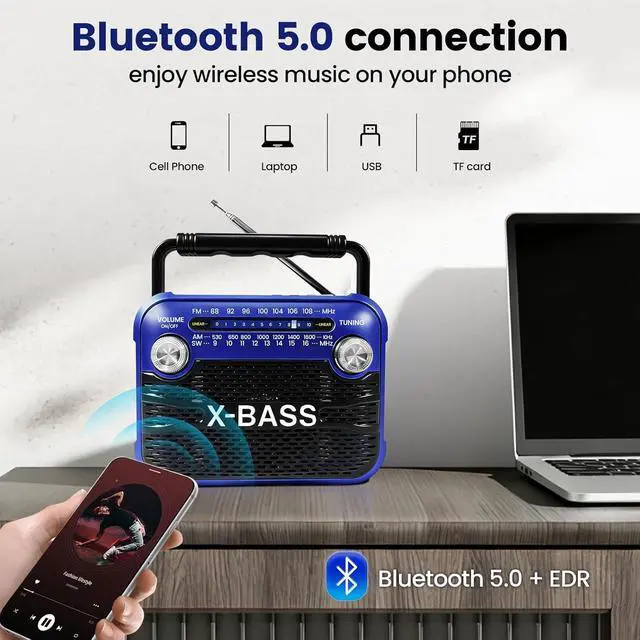 Alt view image 2 of 6 - X bass Stereo Sound Radios Portable AM FM SW Solar Radio,Shortwave Bluetooth Radio with Emergency Flashlight, Support USB TF Player, D Battery or USB Charged for Home Outdoor Emergency