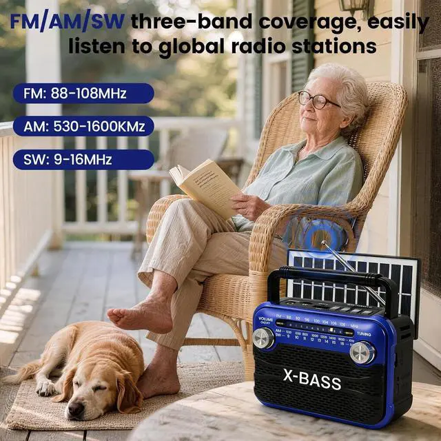 Alt view image 4 of 6 - X bass Stereo Sound Radios Portable AM FM SW Solar Radio,Shortwave Bluetooth Radio with Emergency Flashlight, Support USB TF Player, D Battery or USB Charged for Home Outdoor Emergency