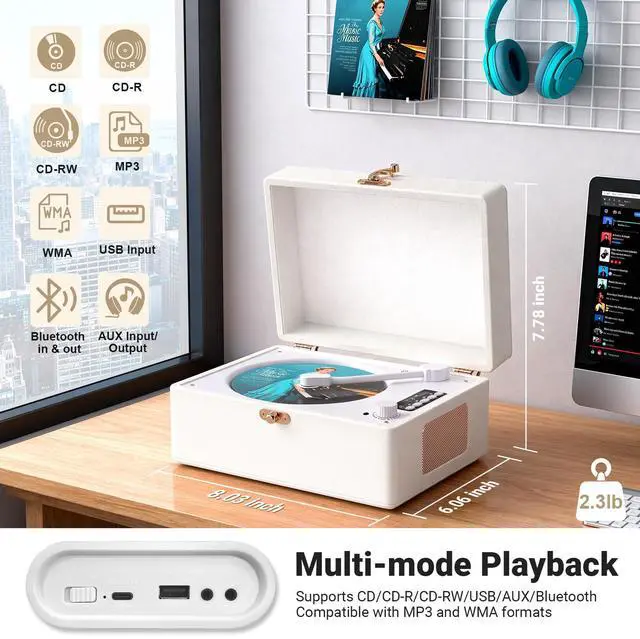 Alt view image 3 of 5 - Retro CD Player with Bluetooth in/Out Portable CD Player with Built-in Rechargeable Battery,Auto Power Off,USB,AUX,Headphone Jack,Vintage Music Player for Women/Men-White