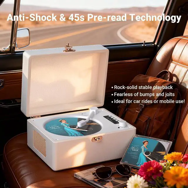 Alt view image 4 of 5 - Retro CD Player with Bluetooth in/Out Portable CD Player with Built-in Rechargeable Battery,Auto Power Off,USB,AUX,Headphone Jack,Vintage Music Player for Women/Men-White