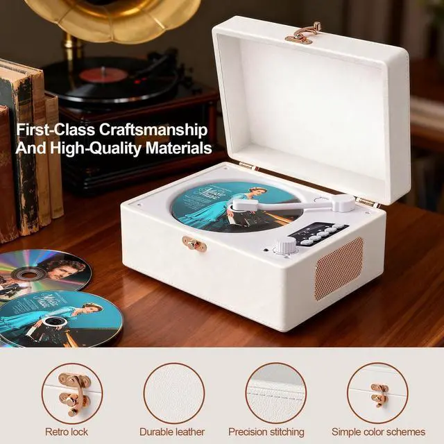 Alt view image 5 of 5 - Retro CD Player with Bluetooth in/Out Portable CD Player with Built-in Rechargeable Battery,Auto Power Off,USB,AUX,Headphone Jack,Vintage Music Player for Women/Men-White