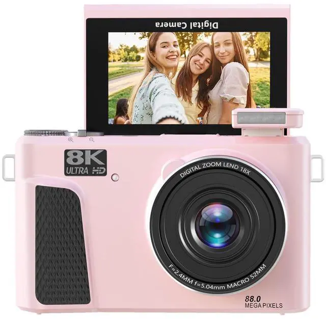 Main image of 8K Digital Camera for Photography, 88MP Vlogging Camera with 3" 180 Flip Screen, 18X Zoom, Autofocus, Wide Angle Lens, WiFi Mirrorless Cameras with 32GB Card, 2 Batteries (Pink)