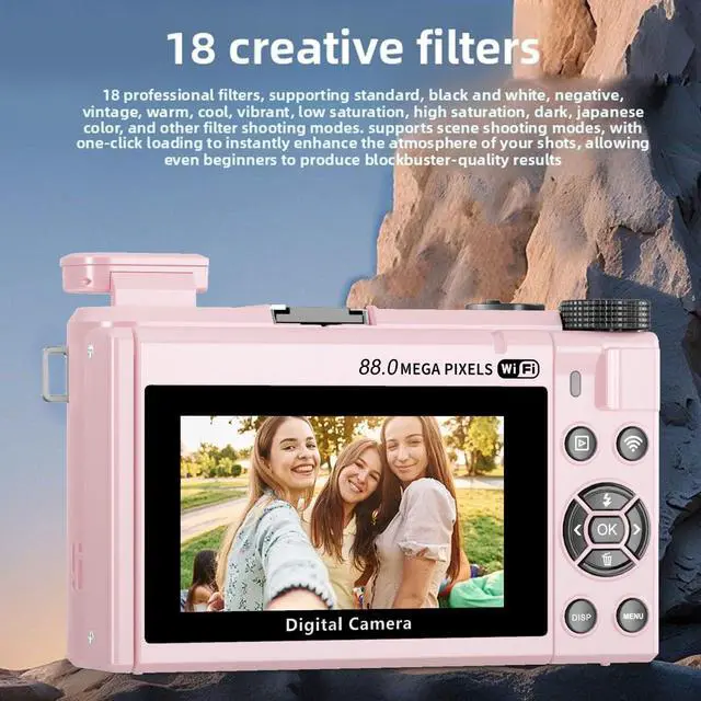 Alt view image 3 of 6 - 8K Digital Camera for Photography, 88MP Vlogging Camera with 3" 180 Flip Screen, 18X Zoom, Autofocus, Wide Angle Lens, WiFi Mirrorless Cameras with 32GB Card, 2 Batteries (Pink)