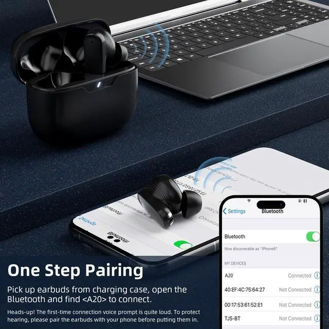 Alt view image 6 of 6 - 5.4 Wireless Earbuds Bluetooth Small Headphones for iPhone/Android | Noise Cancelling Earphones Bass Stereo Music,Mini Ear Buds with Microphone for Apple iPhone 17 Air 16 for Samsung Galaxy S26