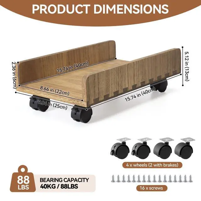 Alt view image 3 of 6 - Wood Computer Tower Stand with Wheels, Rolling PC Cart, Brown | 15.74 x 9.84 x 5.12 In Wood Cart with 4 Caster Wheels and 2 Locking Brakes for ATX Computer Towers and CPU Cases
