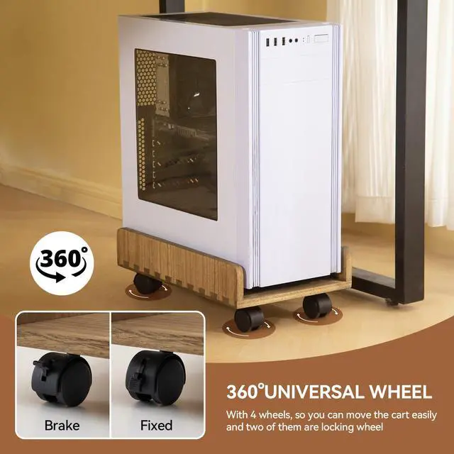 Alt view image 4 of 6 - Wood Computer Tower Stand with Wheels, Rolling PC Cart, Brown | 15.74 x 9.84 x 5.12 In Wood Cart with 4 Caster Wheels and 2 Locking Brakes for ATX Computer Towers and CPU Cases