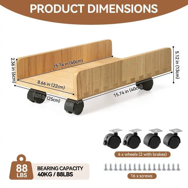 Alt view image 3 of 6 - Wood Computer Tower Stand with Wheels, Rolling PC Cart, Natural | 15.74 x 9.84 x 5.12 In Wood Cart with 4 Caster Wheels and 2 Locking Brakes for ATX Computer Towers and CPU Cases