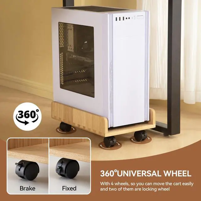 Alt view image 4 of 6 - Wood Computer Tower Stand with Wheels, Rolling PC Cart, Natural | 15.74 x 9.84 x 5.12 In Wood Cart with 4 Caster Wheels and 2 Locking Brakes for ATX Computer Towers and CPU Cases