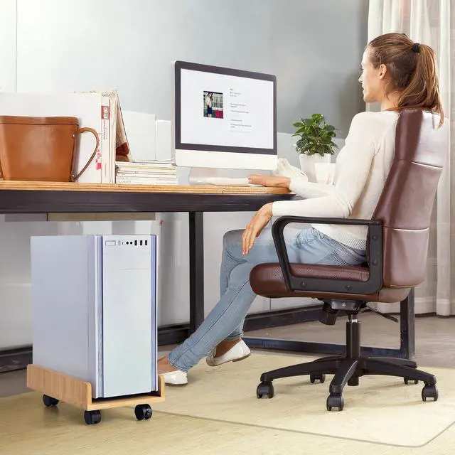 Alt view image 6 of 6 - Wood Computer Tower Stand with Wheels, Rolling PC Cart, Natural | 15.74 x 9.84 x 5.12 In Wood Cart with 4 Caster Wheels and 2 Locking Brakes for ATX Computer Towers and CPU Cases