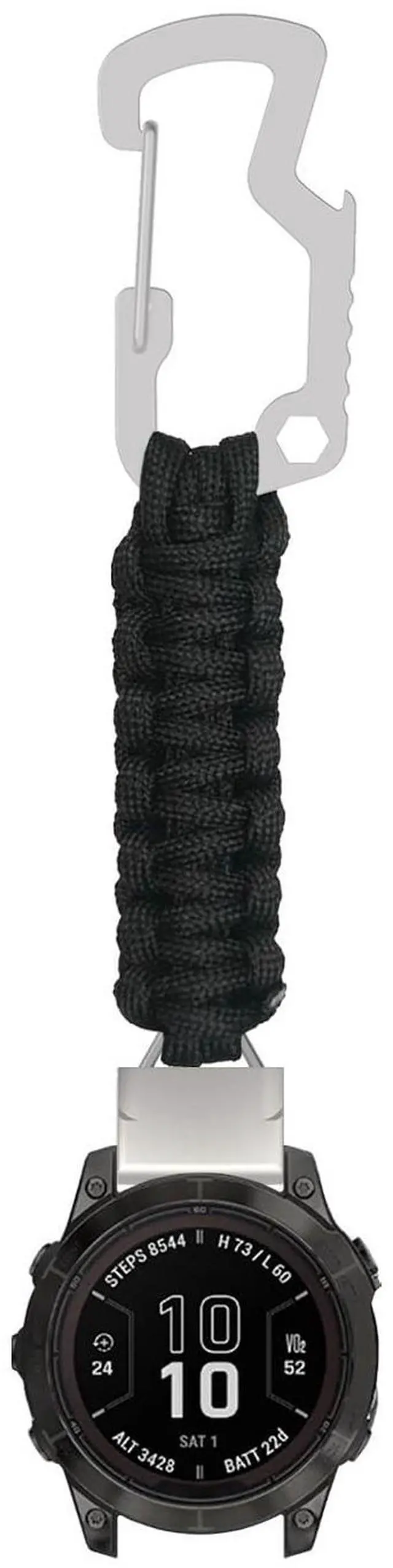 Main image of Paracord Strap for Garmin Fenix 8/7/6/5 47mm Keychain Watch Clip | for Garmin Quick Fit 22mm Watches, with EDC Multi-Purpose Carabiner Hook, Survival Nylon Braided Sport Band, Black