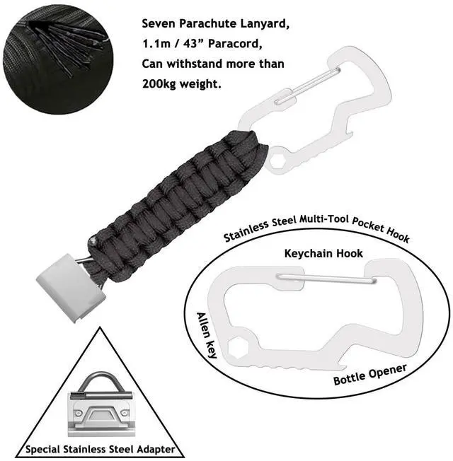 Alt view image 2 of 5 - Paracord Strap for Garmin Fenix 8/7/6/5 47mm Keychain Watch Clip | for Garmin Quick Fit 22mm Watches, with EDC Multi-Purpose Carabiner Hook, Survival Nylon Braided Sport Band, Black