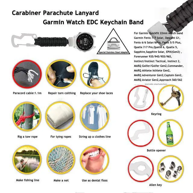 Alt view image 3 of 5 - Paracord Strap for Garmin Fenix 8/7/6/5 47mm Keychain Watch Clip | for Garmin Quick Fit 22mm Watches, with EDC Multi-Purpose Carabiner Hook, Survival Nylon Braided Sport Band, Black