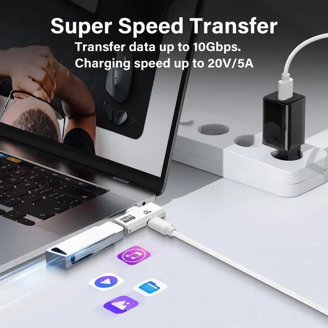 Alt view image 2 of 6 - USB C 3.2 Adapter 10Gbps USB C Male to Female with 100W PD Power Supply Adapter for Laptop Tablet Phone - White
