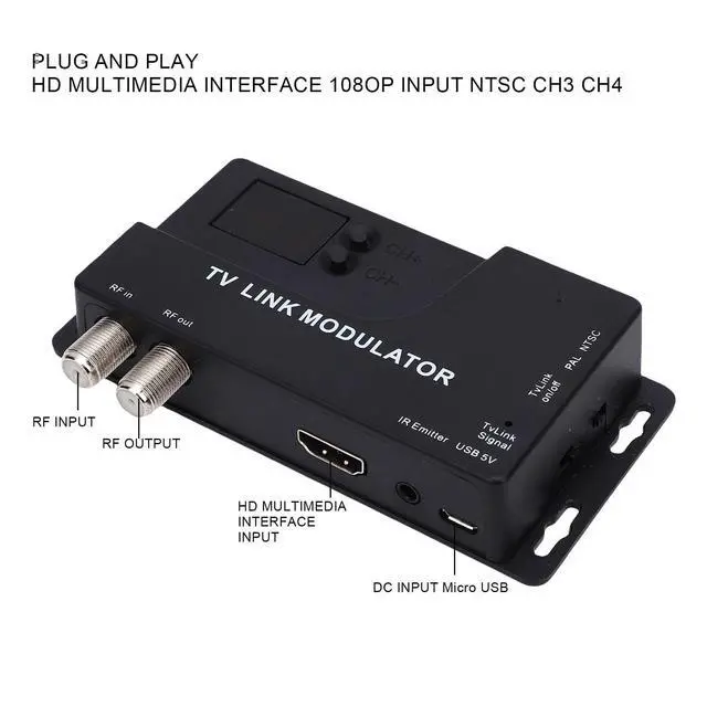 Alt view image 5 of 6 - RF Modulator, 471.25MHz885.25MHz 1080P HD Coaxial Converter Supports NTSC PAL Formats HDMI 1.4 to RF Adapter for TV Game Console Satellite Box DVD PC