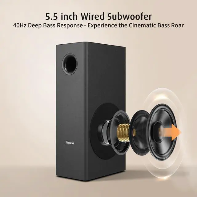 Alt view image 3 of 6 - 2.1 Channel Soundbar with 5.5-Inch Subwoofer, Detachable Speakers | 120W Peak Power, Bluetooth 5.3 and RCA, Four 2-Inch Full-Range Drivers, for TV, PC Gaming and Home Theater