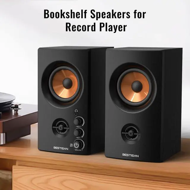 Alt view image 2 of 6 - Active Bookshelf Speakers for Record Player | Wireless BT + Wired RCA Dual Input, Easy Setup, for Turntable/PC/Gaming, 50W Stereo Sound, Headphone out, SR80