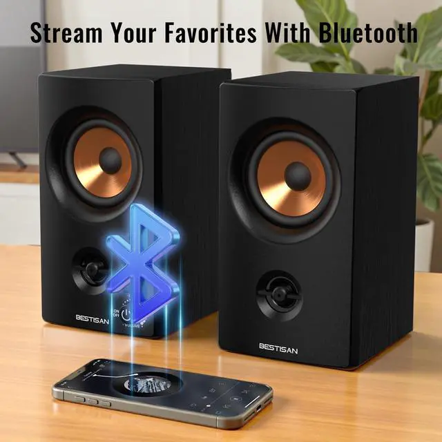 Alt view image 3 of 6 - Active Bookshelf Speakers for Record Player | Wireless BT + Wired RCA Dual Input, Easy Setup, for Turntable/PC/Gaming, 50W Stereo Sound, Headphone out, SR80