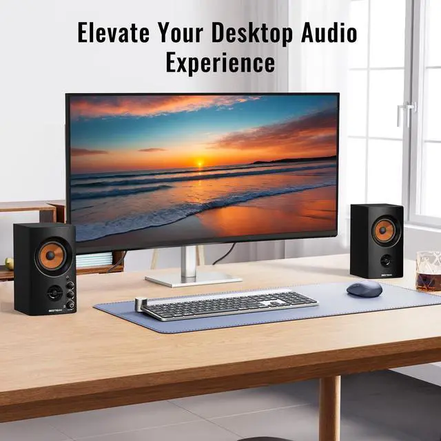 Alt view image 4 of 6 - Active Bookshelf Speakers for Record Player | Wireless BT + Wired RCA Dual Input, Easy Setup, for Turntable/PC/Gaming, 50W Stereo Sound, Headphone out, SR80
