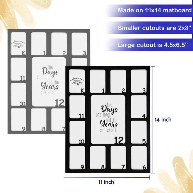 Alt view image 4 of 6 - School Years Picture Frame K-12 Photo Mat - Fits Any 11x14 Picture Frame (Does Not Include Frame) - Displays (1) 5x7 Photo and (12) 2x3 Pictures (2 Pack - Black Mats)