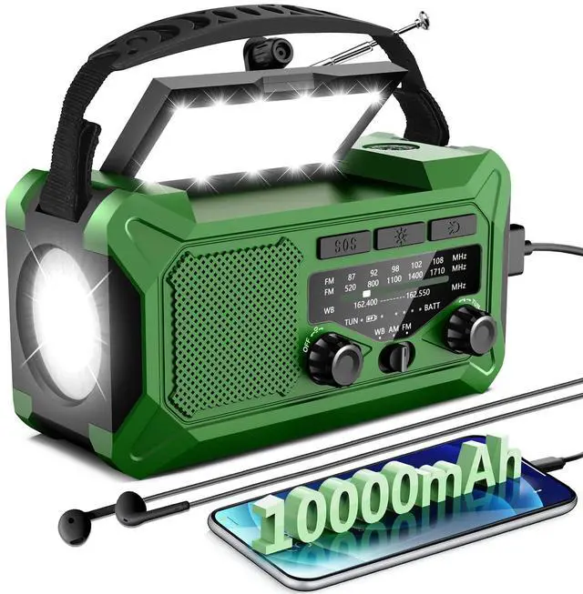 Main image of Emergency Hand Crank Weather Radio, 10000mAh AM/FM/NOAA Solar Powered Radio with Phone Charger, USB Charged, LED Flashlight Reading Lamp Headphone Jack, SOS Alarm