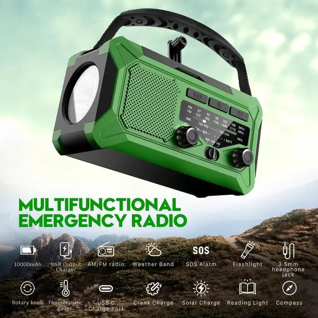 Alt view image 2 of 6 - Emergency Hand Crank Weather Radio, 10000mAh AM/FM/NOAA Solar Powered Radio with Phone Charger, USB Charged, LED Flashlight Reading Lamp Headphone Jack, SOS Alarm