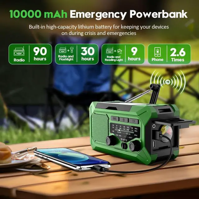 Alt view image 3 of 6 - Emergency Hand Crank Weather Radio, 10000mAh AM/FM/NOAA Solar Powered Radio with Phone Charger, USB Charged, LED Flashlight Reading Lamp Headphone Jack, SOS Alarm