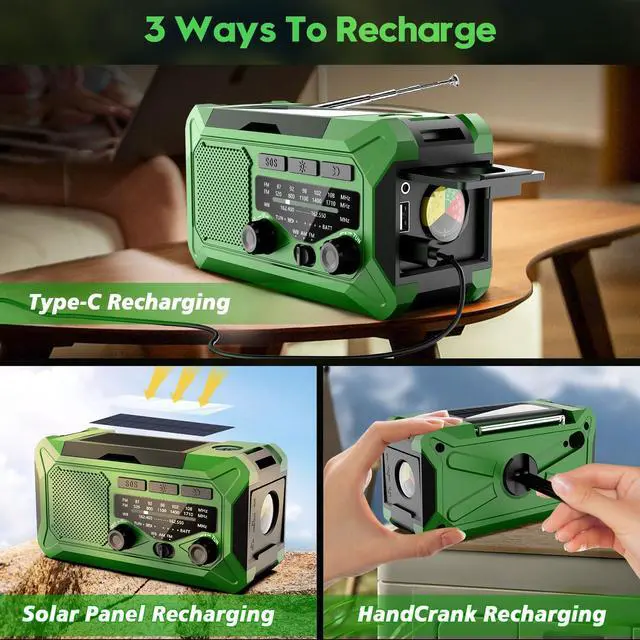 Alt view image 5 of 6 - Emergency Hand Crank Weather Radio, 10000mAh AM/FM/NOAA Solar Powered Radio with Phone Charger, USB Charged, LED Flashlight Reading Lamp Headphone Jack, SOS Alarm